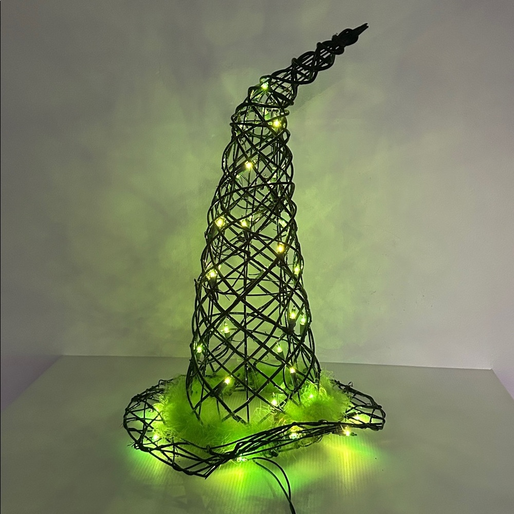 Vintage Halloween Decor Large Lightup Metal 20” Tall Black & Green Witch Hat